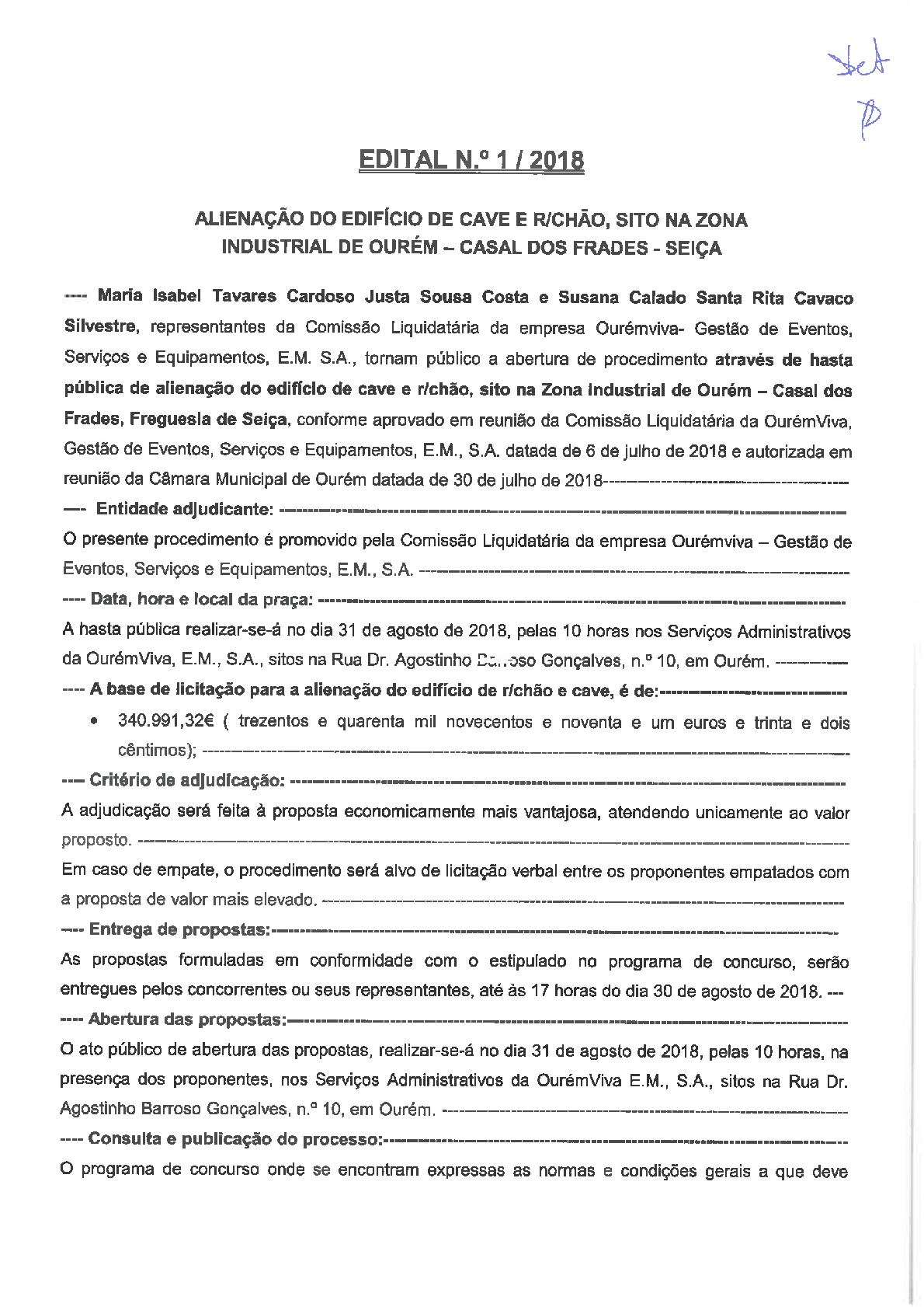 EDITAL "Alienação do Edifício de Cave e R/Chão, sito na Zona Industrial de Ourém- Casal dos Frades – Seiça” 